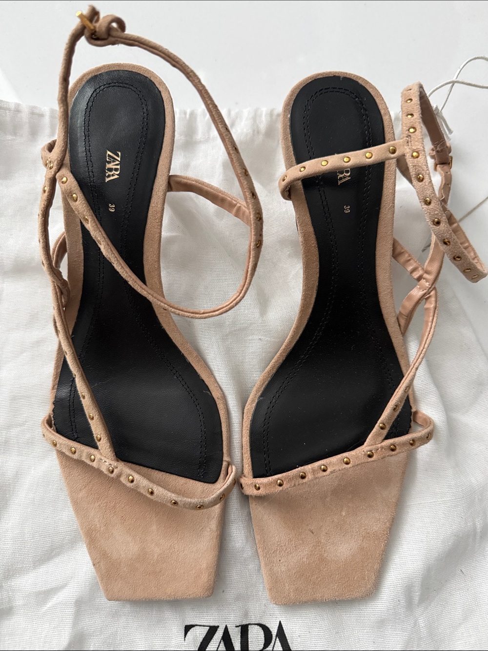 ZARA Beige Suede Studded Ankle-Tie Heels